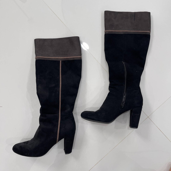 Rialto Shoes - Rialto Black Gray Cordelia Patchwork Boots Zipper Suede Knee High Heel Almond 8M